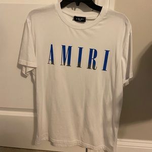 White AMIRI T Shirt with Blue lettering